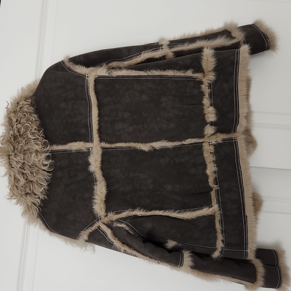 NWT Real Rabbit Leather and Shearling Jacket Real Wool Fur Collar Brown Coat - Picture 9 of 10